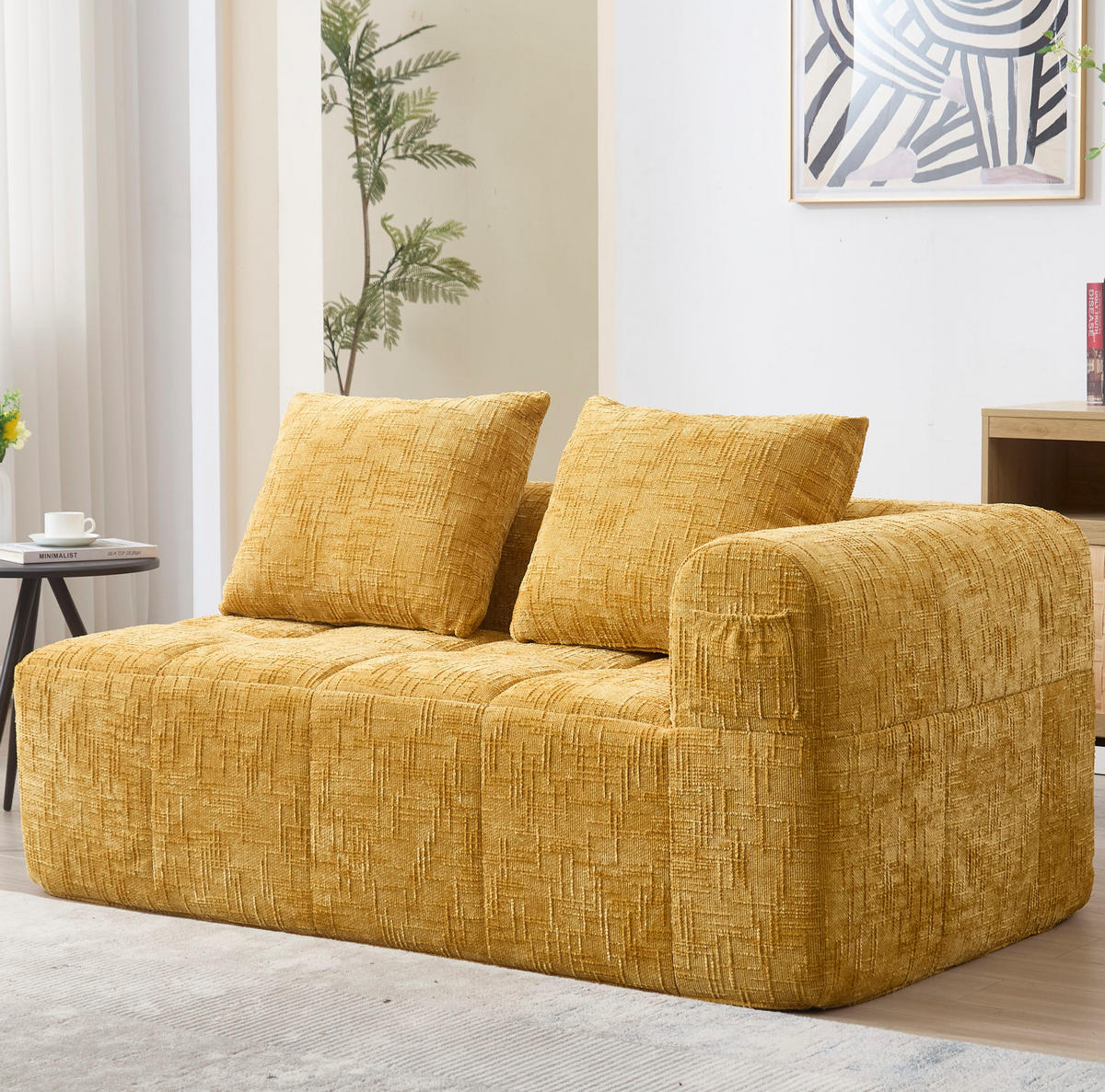 SOFA od chenille tkanine, 158/90/60 cm žuta, s bočnim džepovima - žuta, tekstil (60/160/90cm) - BEAOK
