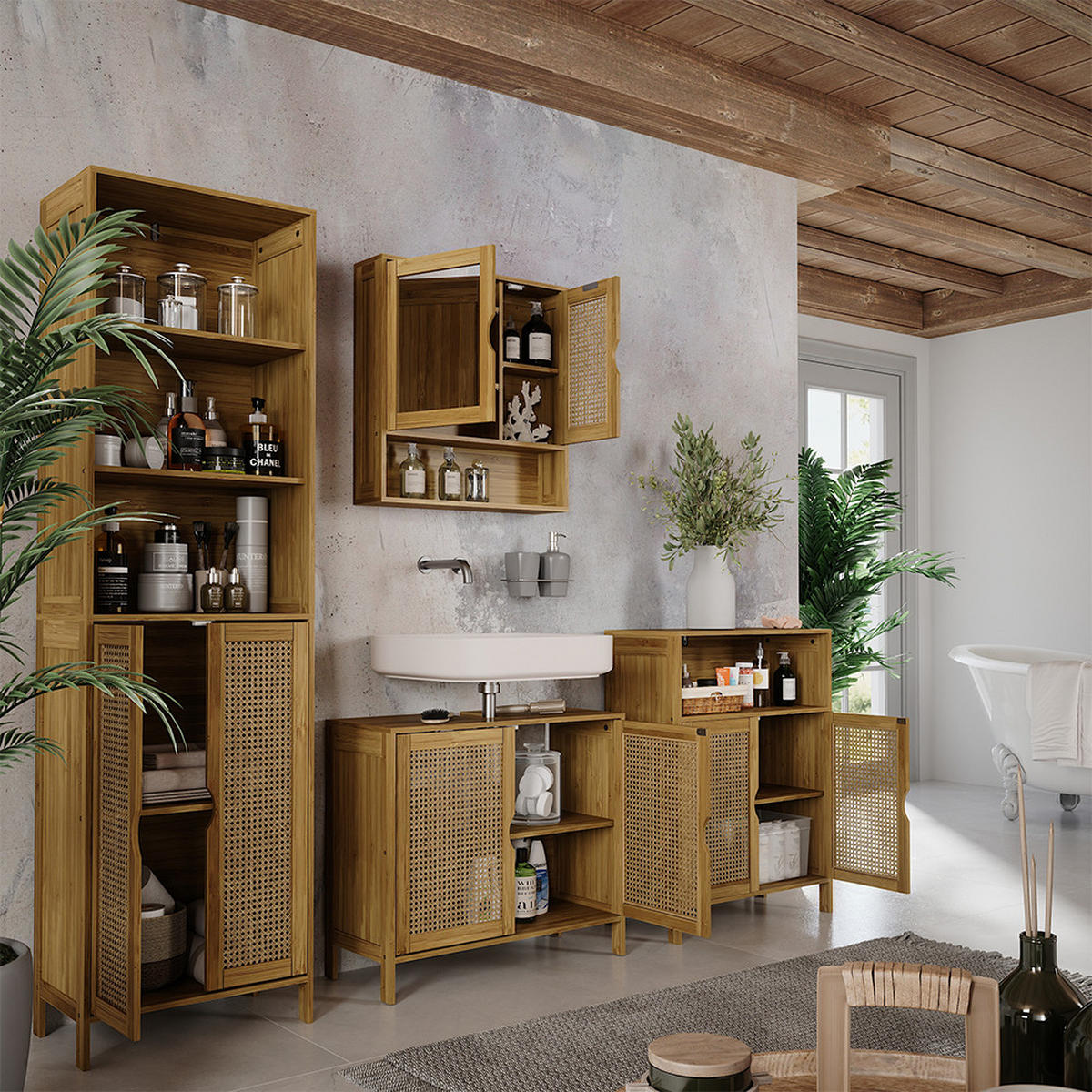 BADSPIEGELSCHRANK Liora Bambus 56 x 58 cm mit Spiegel - Grün, Holzwerkstoff (56/58/13cm) - Vicco