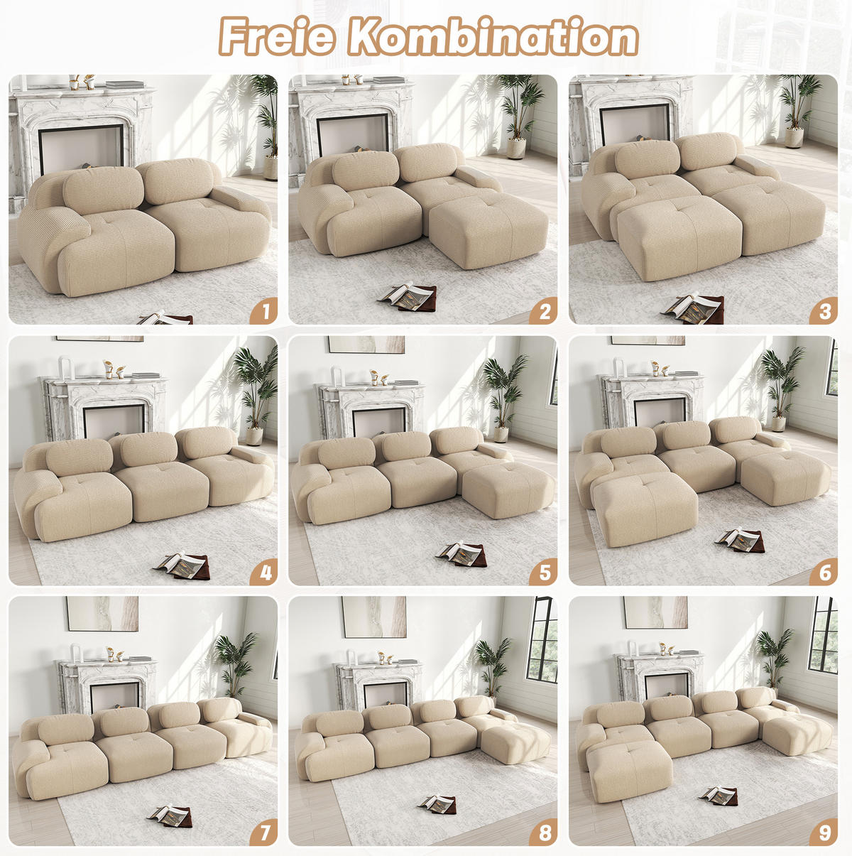 ECKSOFA 208/178/70 cm in Beige aus Cord, modular und ohne Montage - Beige, Textil (178/208cm) - Flora Grace