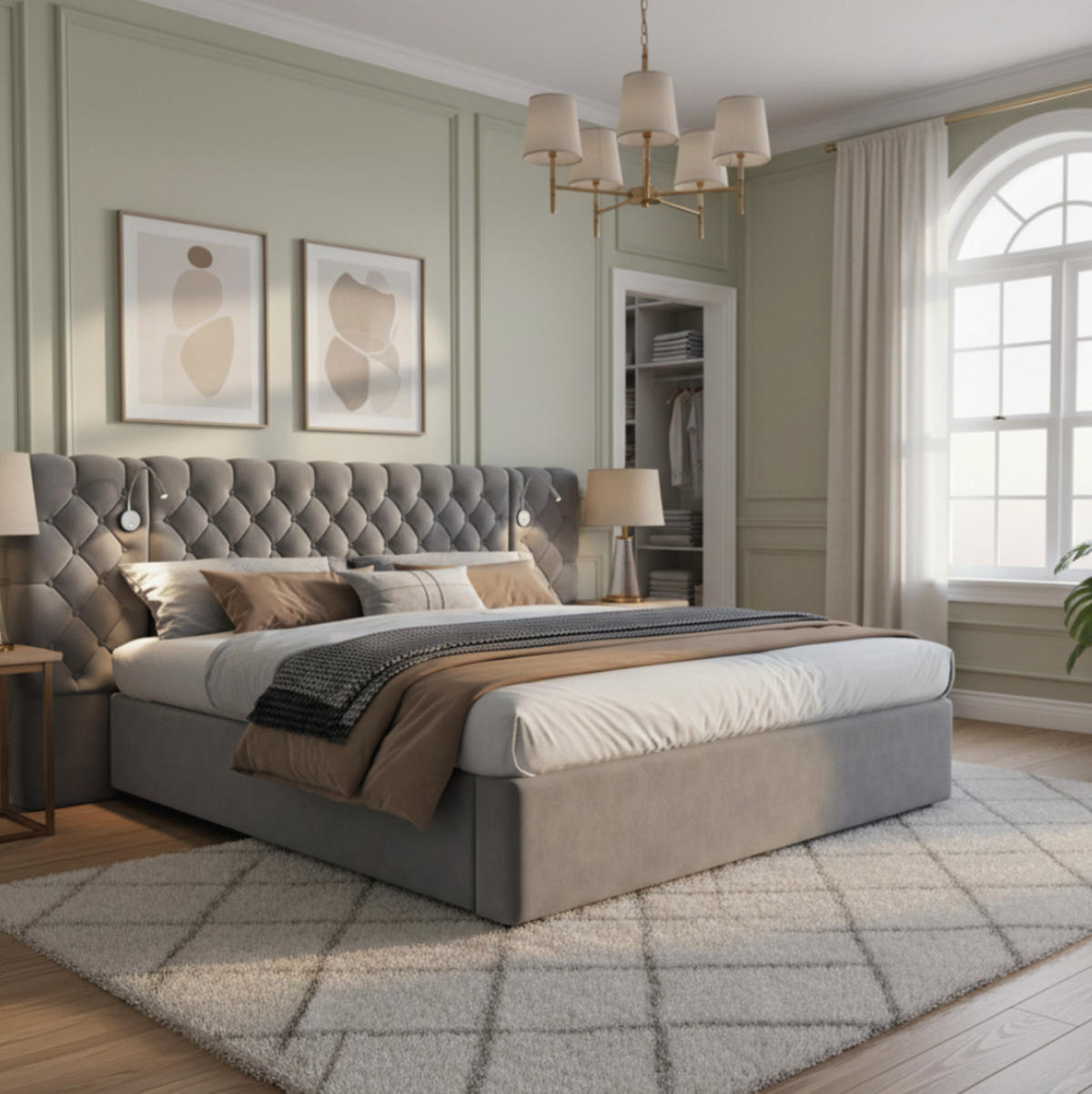 POLSTERBETT aus Samt 160x200 cm Grau mit hydraulischem Bettkasten, Leselicht und Holzlattenrost - Grau, Textil (160/200cm) - IVMEU