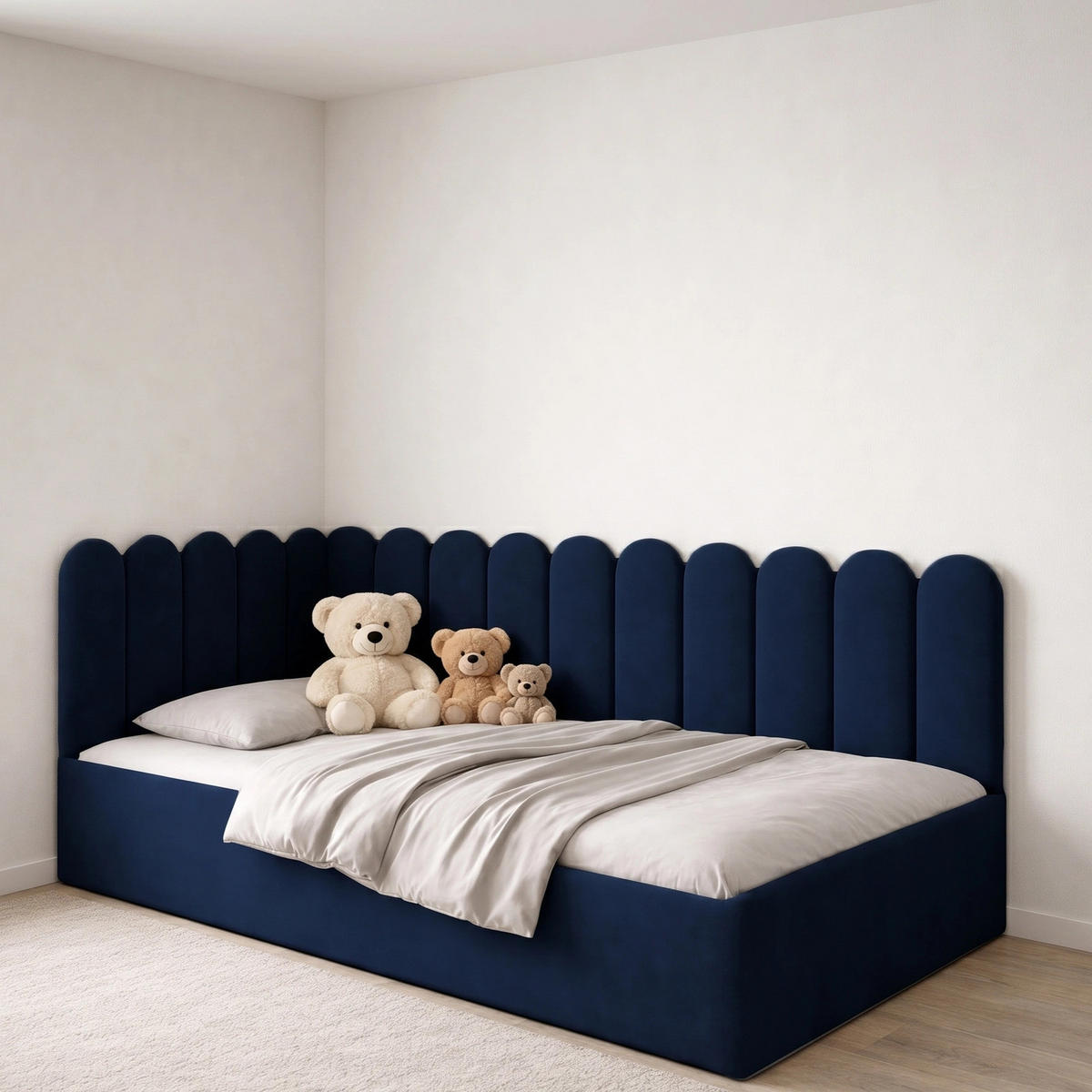 JUGENDBETT Junior Marineblau Samtvelours mit Wandpaneelen - 120x200 cm - Bettkasten - Dunkelblau, Holzwerkstoff/Textil (120/200cm) - Ravio
