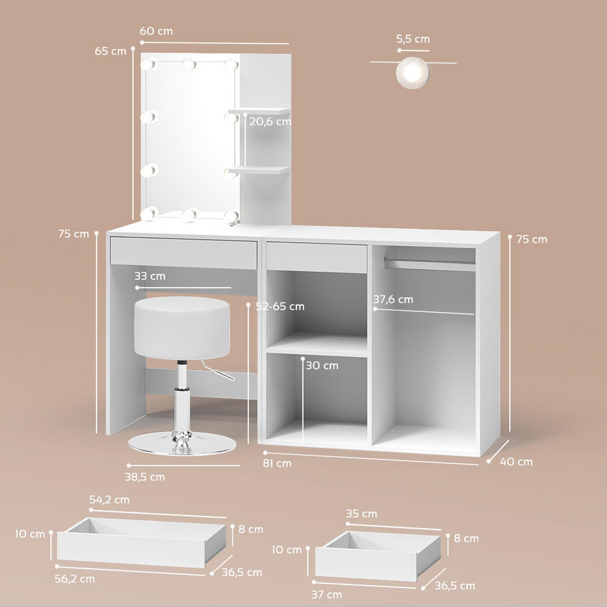 SCHMINKTISCH Nola Weiß mit LED, Hocker und Schrank - Weiß, Holzwerkstoff (140/140/40cm) - Livinity®