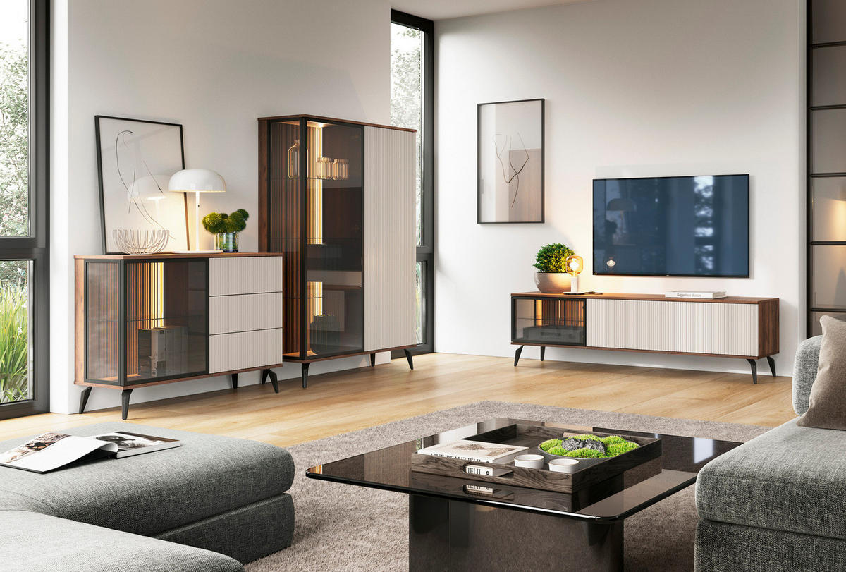 VITRINE YUKO WT103 103 cm (Warmia Nussbaum, Kaschmir, Glas, LED Inklusive) - Kaschmir/Walnussfarben, Glas/Holz (103/162/39cm) - Ravio