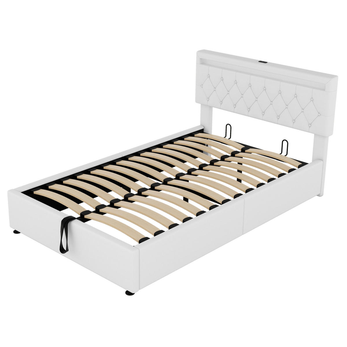 BETT mit Stauraum 140x200 cm Leinen Weiß mit LED, USB und USB-C - Weiß, Metall (140/200cm) - Meubliv