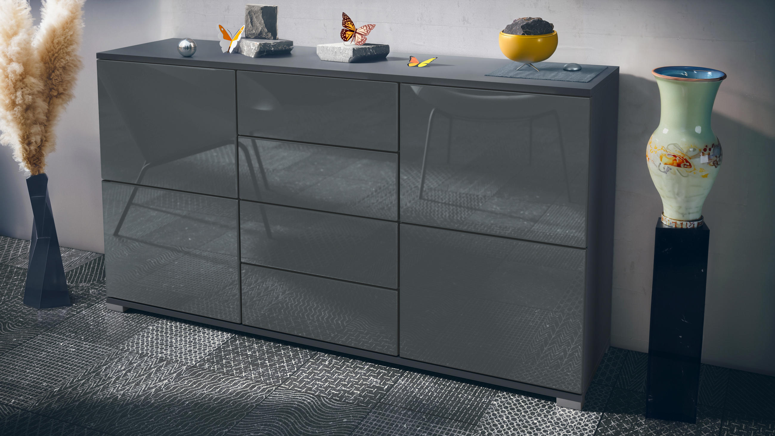 SIDEBOARD Rova Grau Hochglanz - Grau, Holzwerkstoff (138.5/75.5/35cm) - Vladon