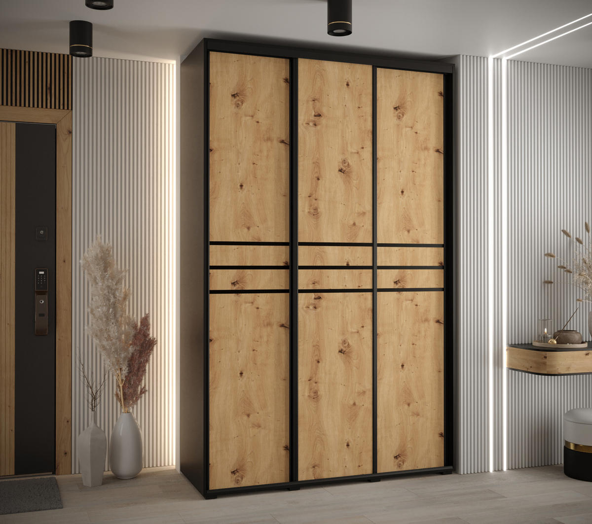 SCHWEBETÜRENSCHRANK 235,2/150/45 3-türig - Schwarz/Eiche Artisan, Holz/Metall (150/235/45cm) - Abiks Möbel