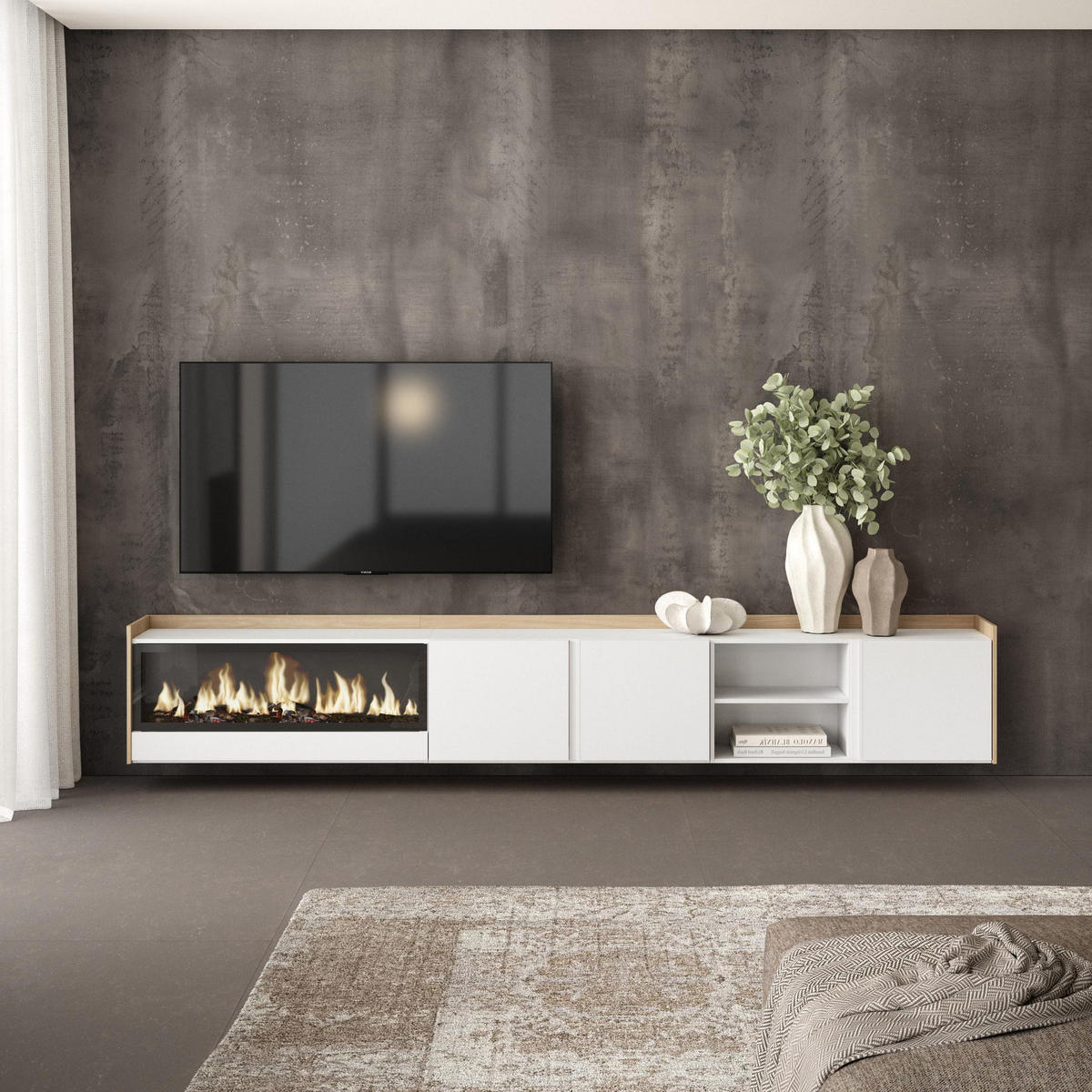 LOWBOARD, Weiß und Eiche, 315/35/50cm, Kamin mit Feuereffekt XXL - Weiß, Holzwerkstoff (315/50/35cm) - Skraut Home