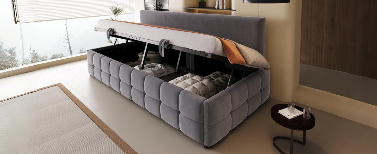 POLSTERBETT 90/200 cm Dunkelgrau aus Samt mit Stauraum - Grau, Textil (90/200cm) - OKMYHOME