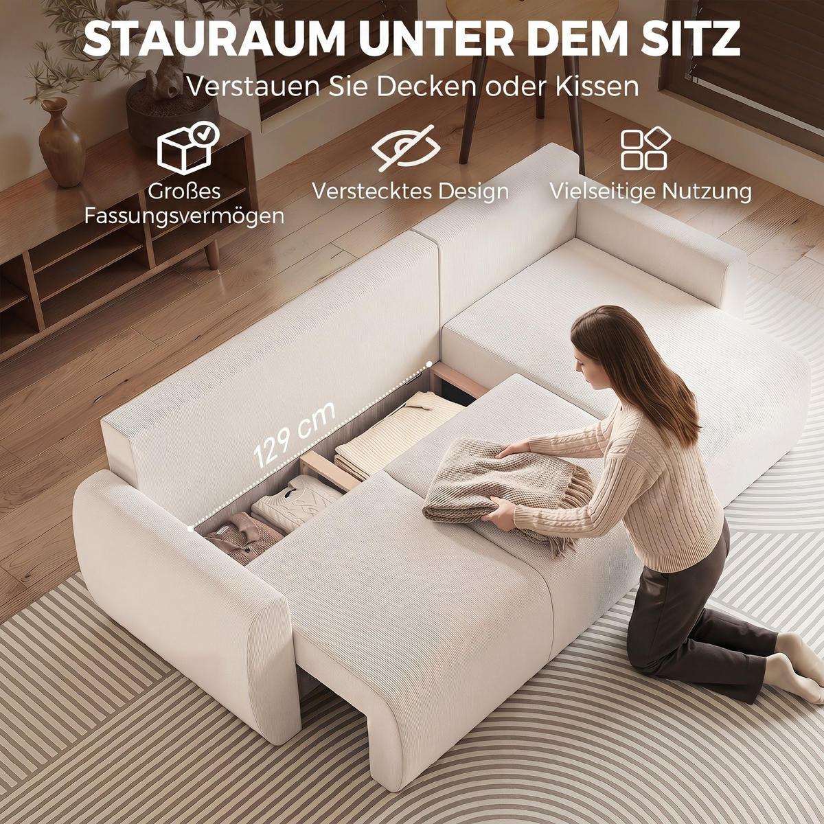 SCHLAFSOFA Veloursbezug Cremeweiß - Creme/Weiß, Holzwerkstoff/Kunststoff (140/90/250cm) - HOMCOM