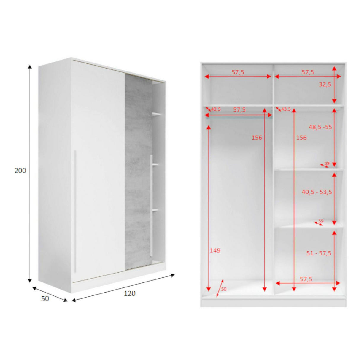 KLEIDERSCHRANK 2 TÜREN Zement, Weiß 50/120/200 cm - Grau, Holzwerkstoff (120/200/50cm) - DMORA