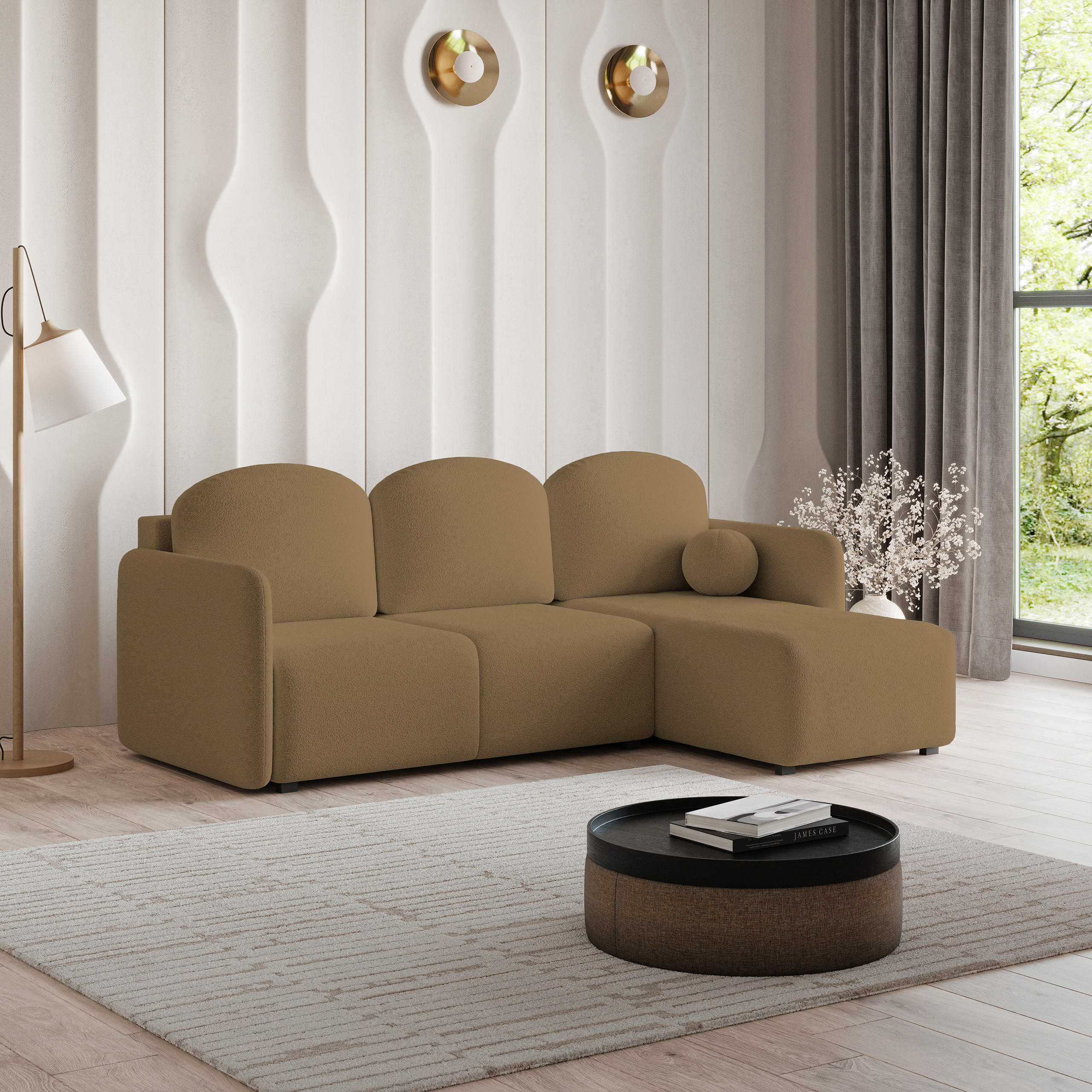 ECKSOFA SUVINO Orange Boucle-Stoff mit Schlaffunktion - Orange, Holz (230/143cm) - MASSENO