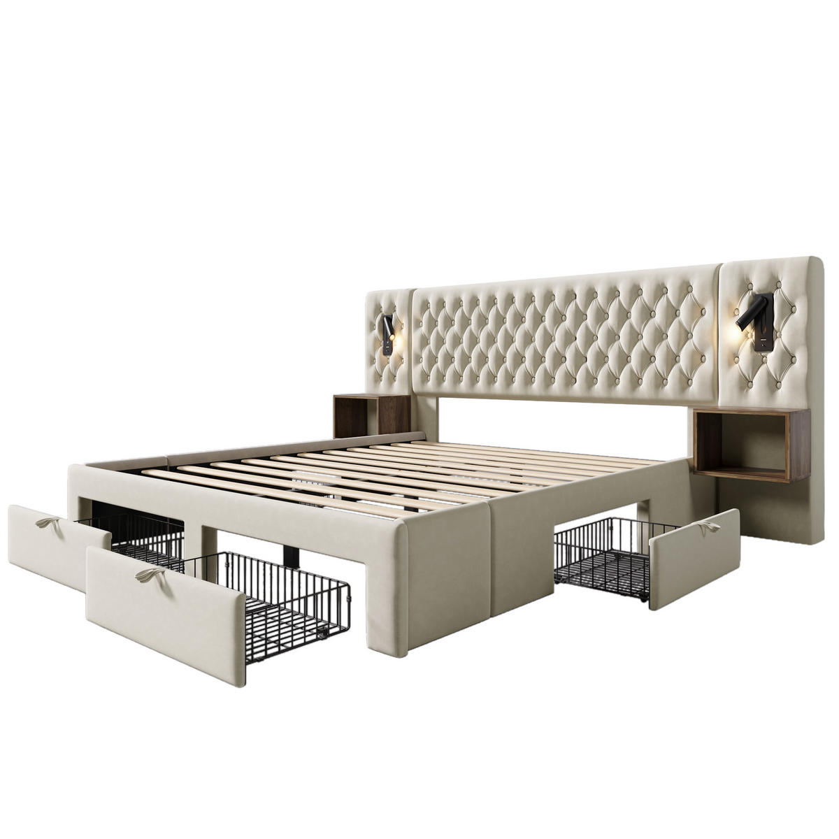 POLSTERBETT 180/200 cm Beige mit Nachttischen und USB-Ladeanschluss Ohne Matratze - Beige, Textil (180/200cm) - OKWISH
