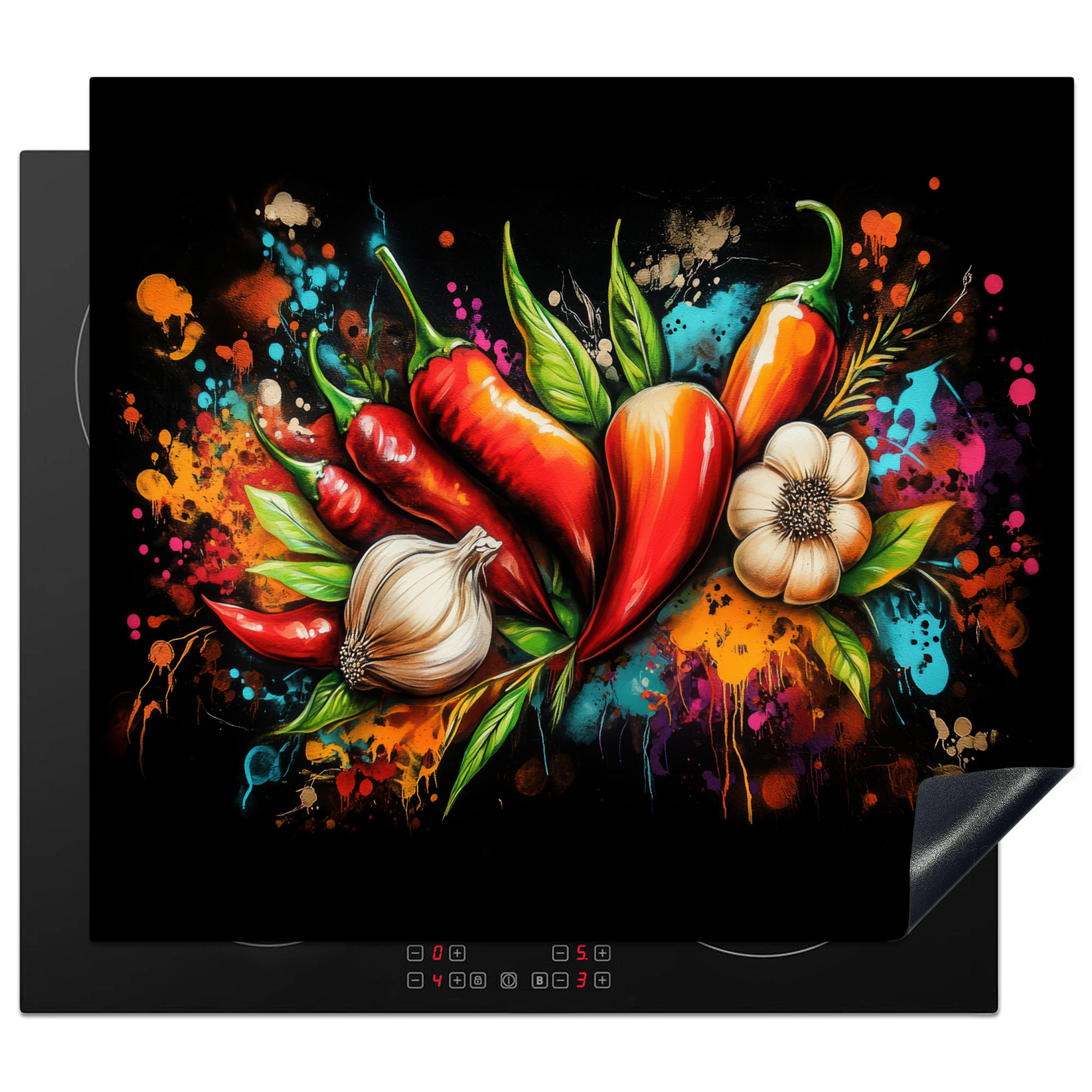 HERDABDECKPLATTE Gemüse - Paprika - Knoblauch - Graffiti - Farbe - Bunt 58x51 cm - Rot, Kunststoff (58.3/0.2/51.3cm) - MuchoWow