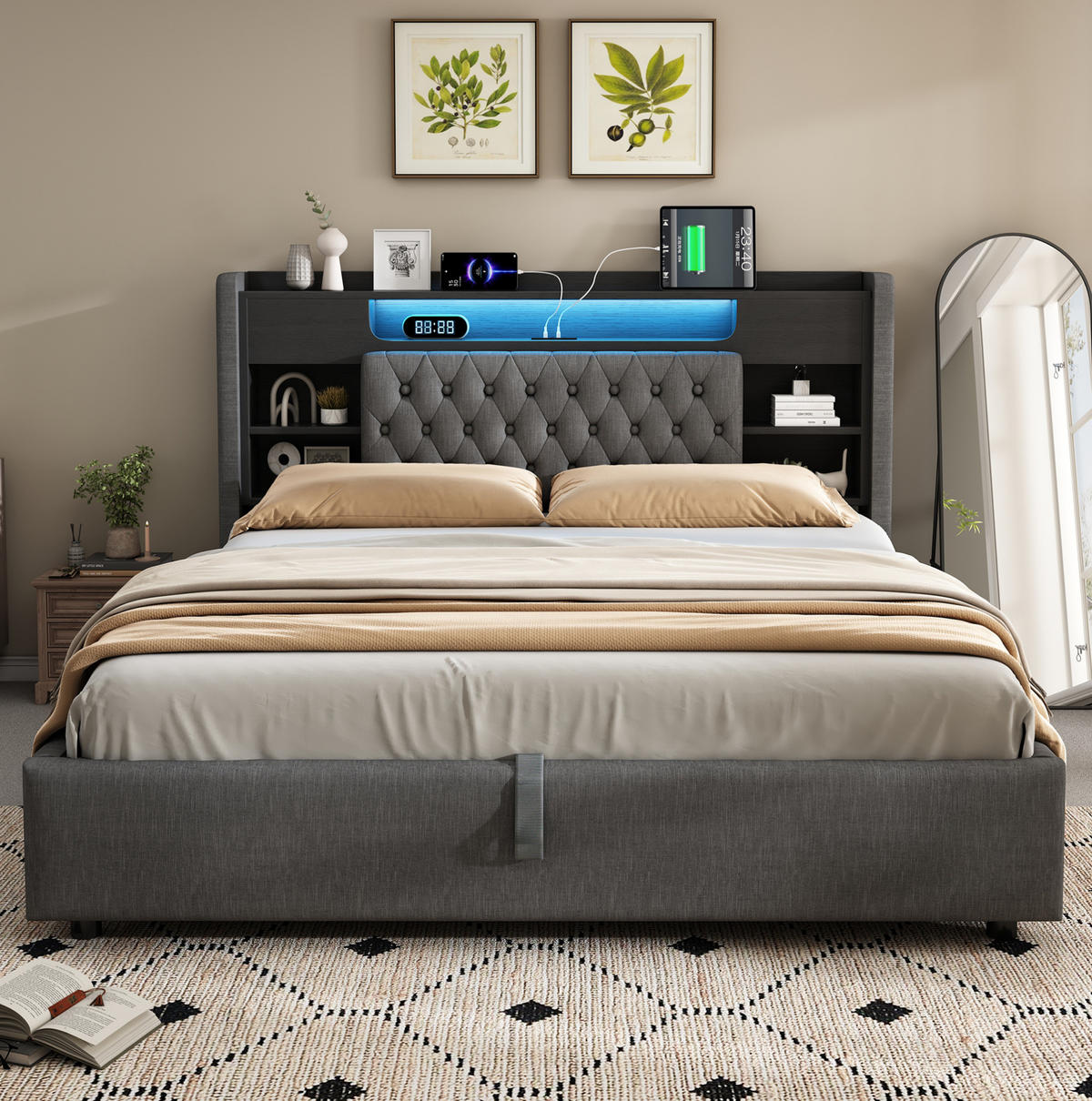ČALOUNĚNÁ postel 140/200 cm s LED, USB-C, úložným prostorem a lněným čelem, Šedá - šedá, textil (140/200cm) - Redom