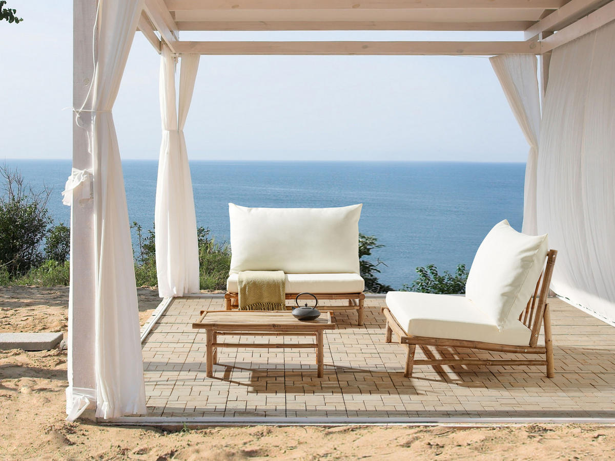 LOUNGE SET 2-Sitzer Hellbraun Auflagen cremeweiß Todi - Hellbraun/Creme, Holz - Beliani