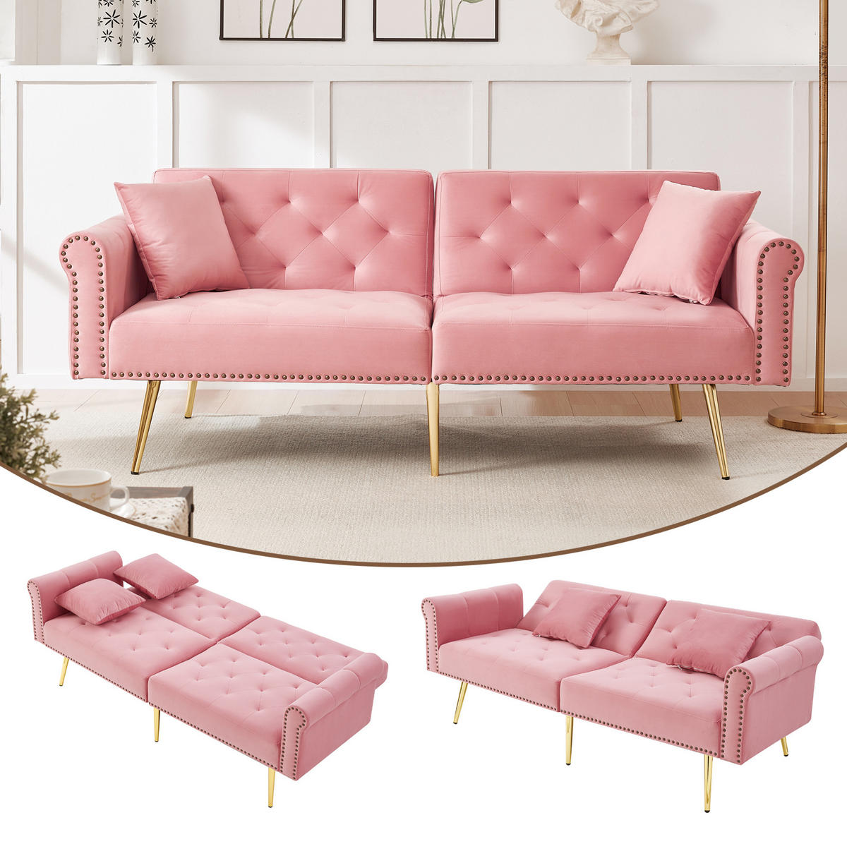 SCHLAFSOFA aus Samt 147x85 cm Pink mit 3-stufig verstellbarer Rückenlehne und 2 Kissen - Rosa, Kunststoff (75/70/173cm) - Modfu