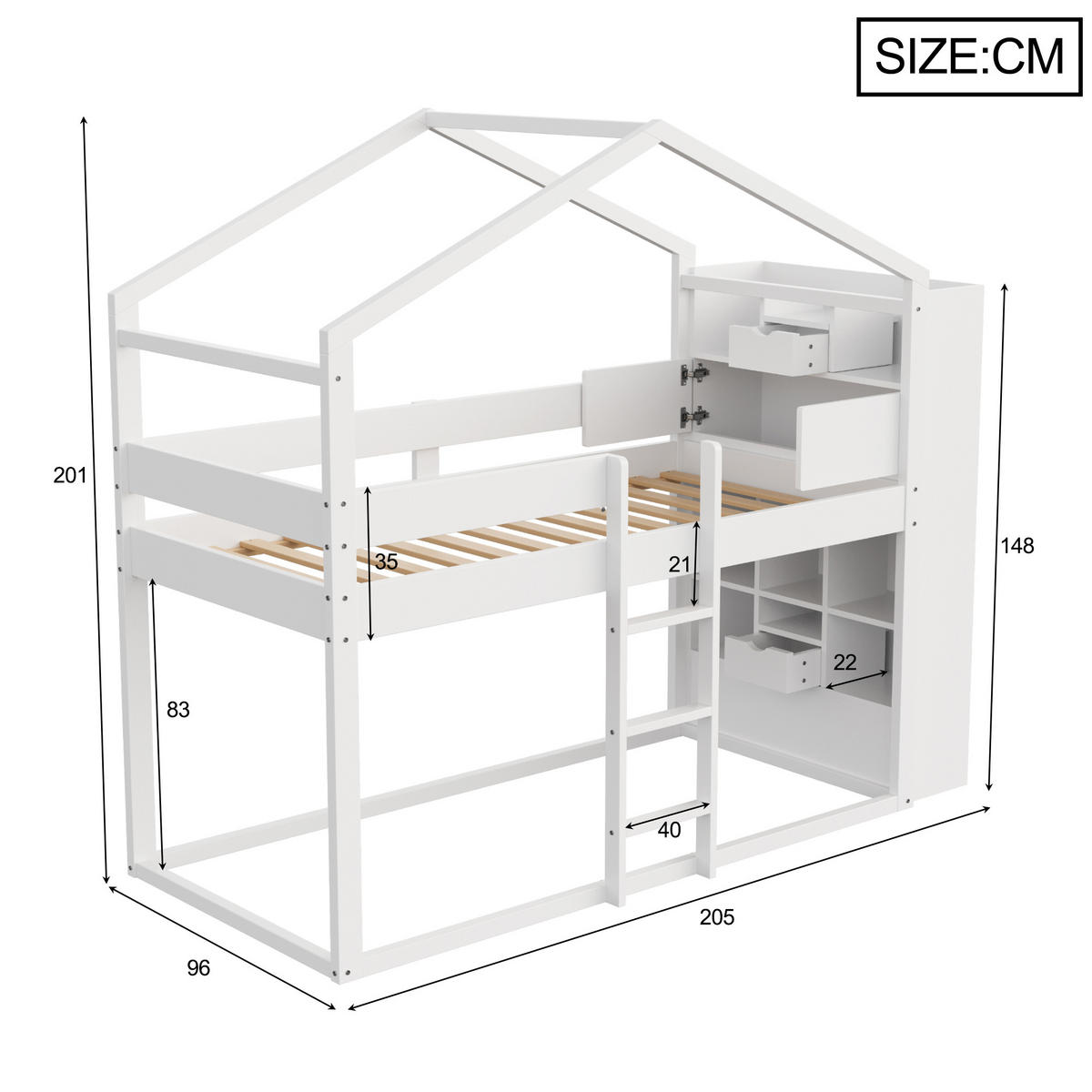 ETAGENBETT 90/200 cm weiß aus Massivholz mit Stauraum am Kopfteil - Weiß, Holz (90/200cm) - OKWISH