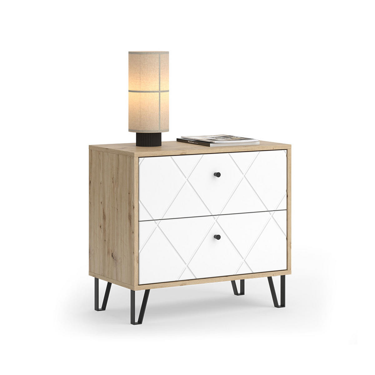 NACHTTISCH Nizza Artisan/Weiß 66 x 60.2 cm mit 2 Schubladen - Eiche Artisan/Weiß, Holzwerkstoff (66/60.2/36cm) - Vicco