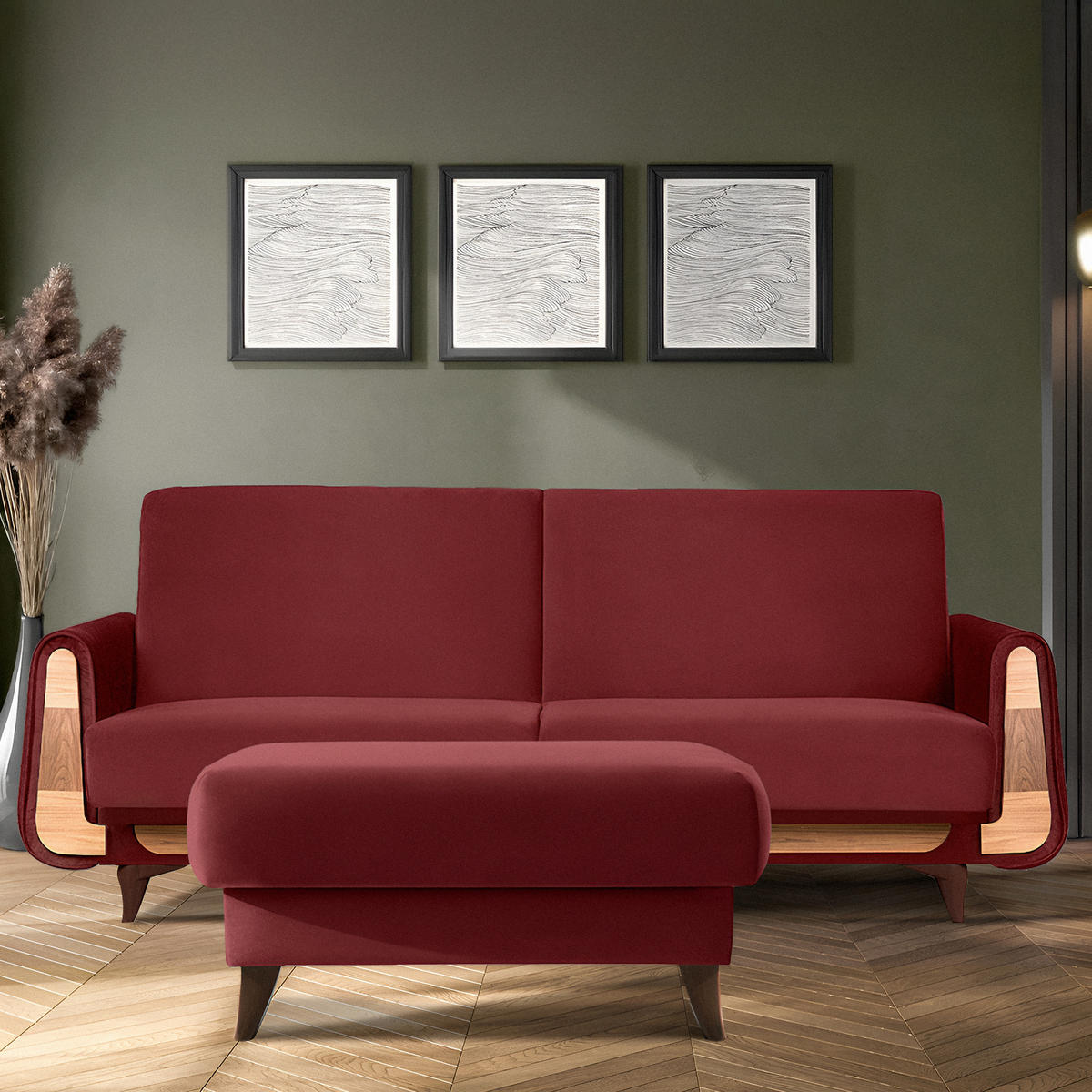 HOCKER GUSTAVO Velours, Bordeaux - Bordeaux, Holz/Holzwerkstoff (92/49/92cm) - KONSIMO®