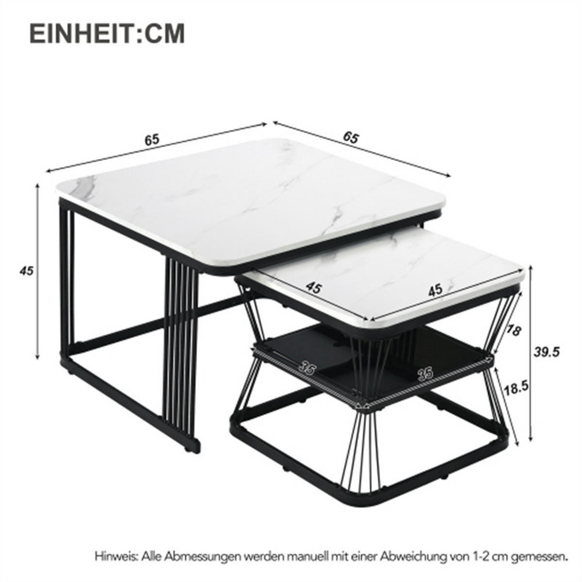 BEISTELLTISCH-SET 2-teilig Marmoroptik, schwarz/weiß, 65x65x45 cm - Weiß, Holzwerkstoff (65/65/45cm) - Blomus