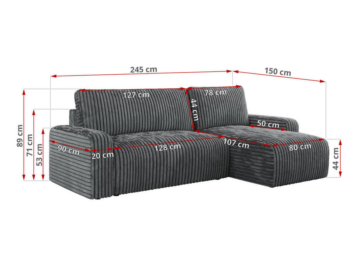 ECKSOFA ARGOS Dunkelgrau Cord - Dunkelgrau/Schwarz, Kunststoff/Textil (245/150cm) - MKS