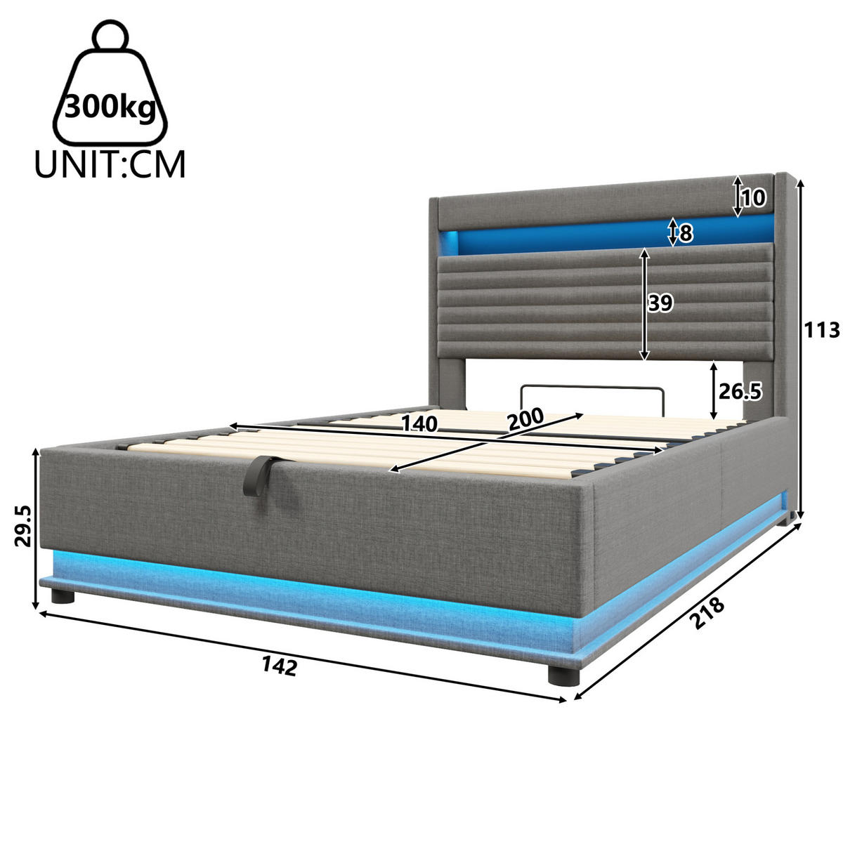 POLSTERBETT 140/200 cm mit LED-Beleuchtung, USB- und Typ-C-Anschluss, hydraulischem Stauraum, Leinen, Grau - Grau, Textil (140/200cm) - Redom