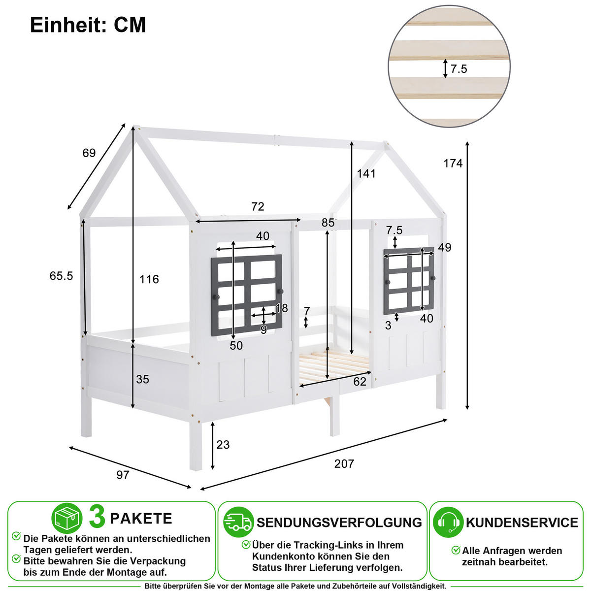 HAUSBETT 90/200 cm in Weiß mit 2 Schubladen und Fenstern aus Massivholz - Weiß, Holz/Holzwerkstoff (90/200cm) - CHICFURN