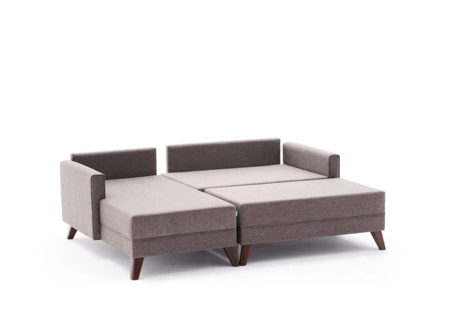 ECKSOFA mit Hocker als Schlaffläche, perfekt für kleine Räume - Taupe/Walnussfarben, Holz/Kunststoff (205/140cm) - myHomelando