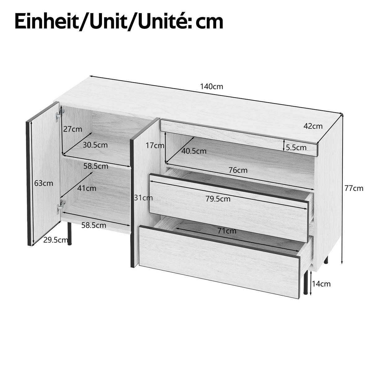 SIDEBOARD 2 Türen 2 Schubladen Offene Regale Multifunktional - Weiß, Holzwerkstoff (42/77/140cm) - FLIEKS