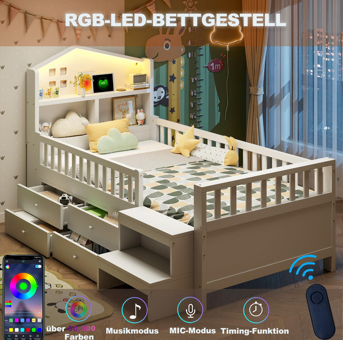 KINDERBETT aus Massivholz 90x200 cm Weiß mit Dachform, 4 Schubladen, Leiterstufen, LED und Ladeanschlüssen - Weiß, Holz (90/200cm) - Modfu