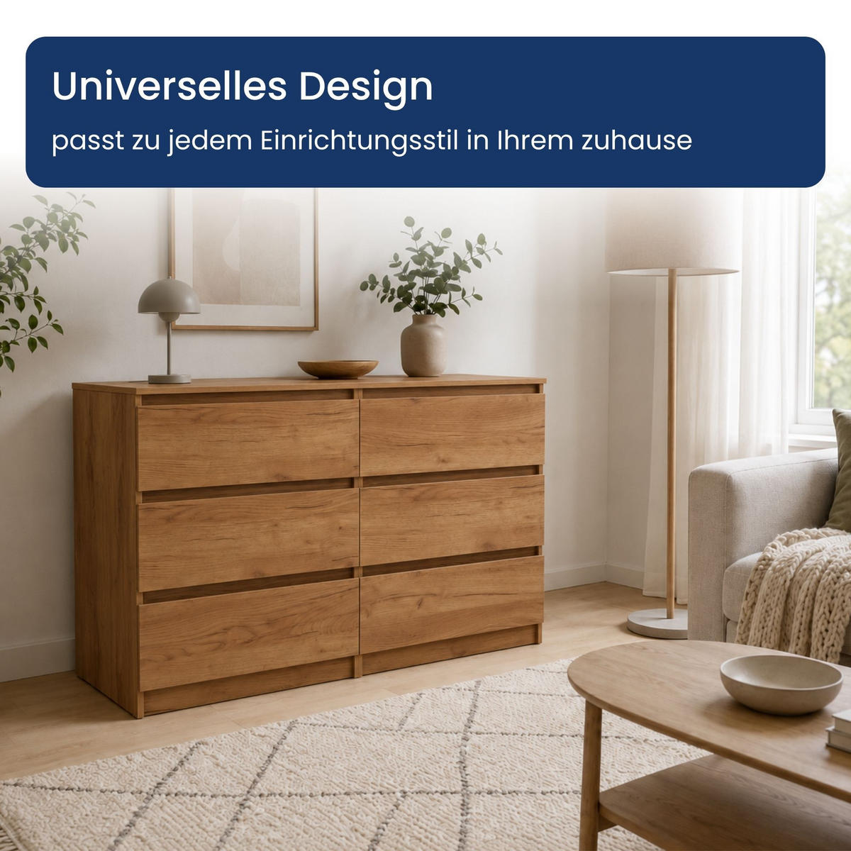 KOMMODE mit fünf Schubladen in Craft-Eiche - Naturfarben, Holzwerkstoff (120/77/40cm) - Home Collective
