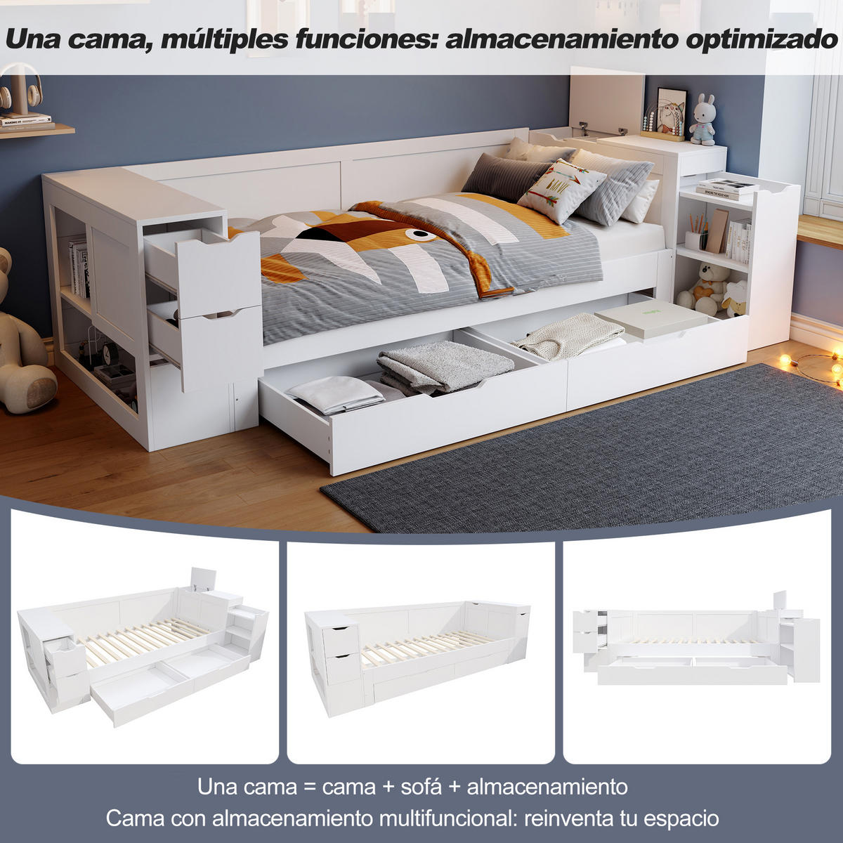 JUGENDBETT 140/190 cm in Weiß mit Schubladen, Ablage und Stauraum MDF - Weiß, Holzwerkstoff (140/190cm) - STILVORA