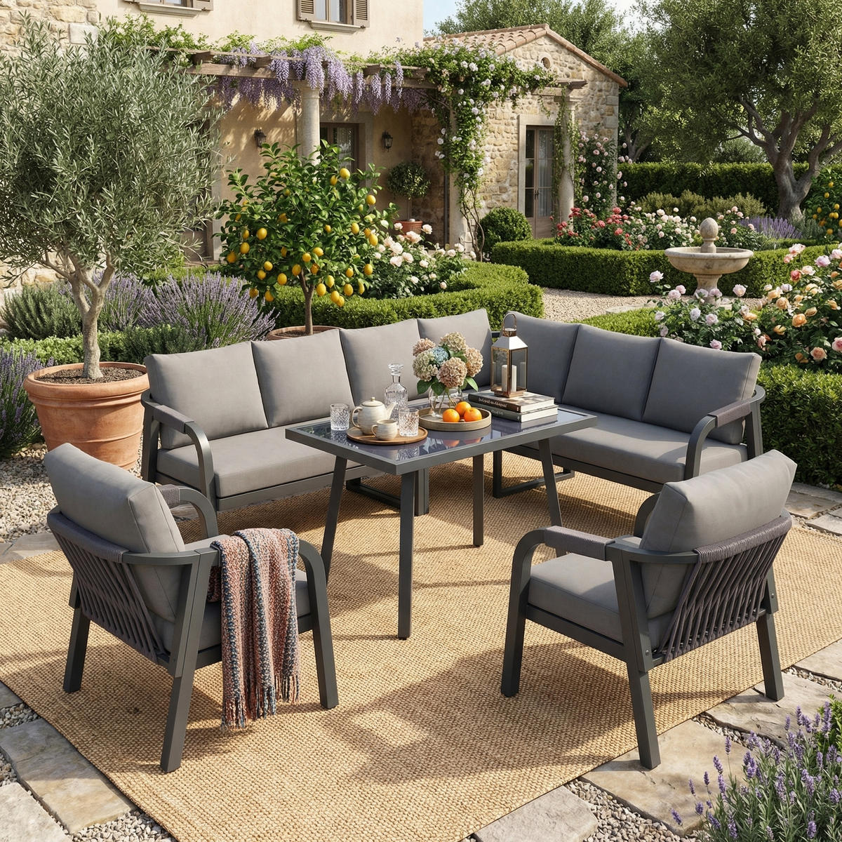 GARTEN-ESSGRUPPE 8 Personen Ecksofa Esstisch Sessel Grau - Grau, Textil - FLIEKS