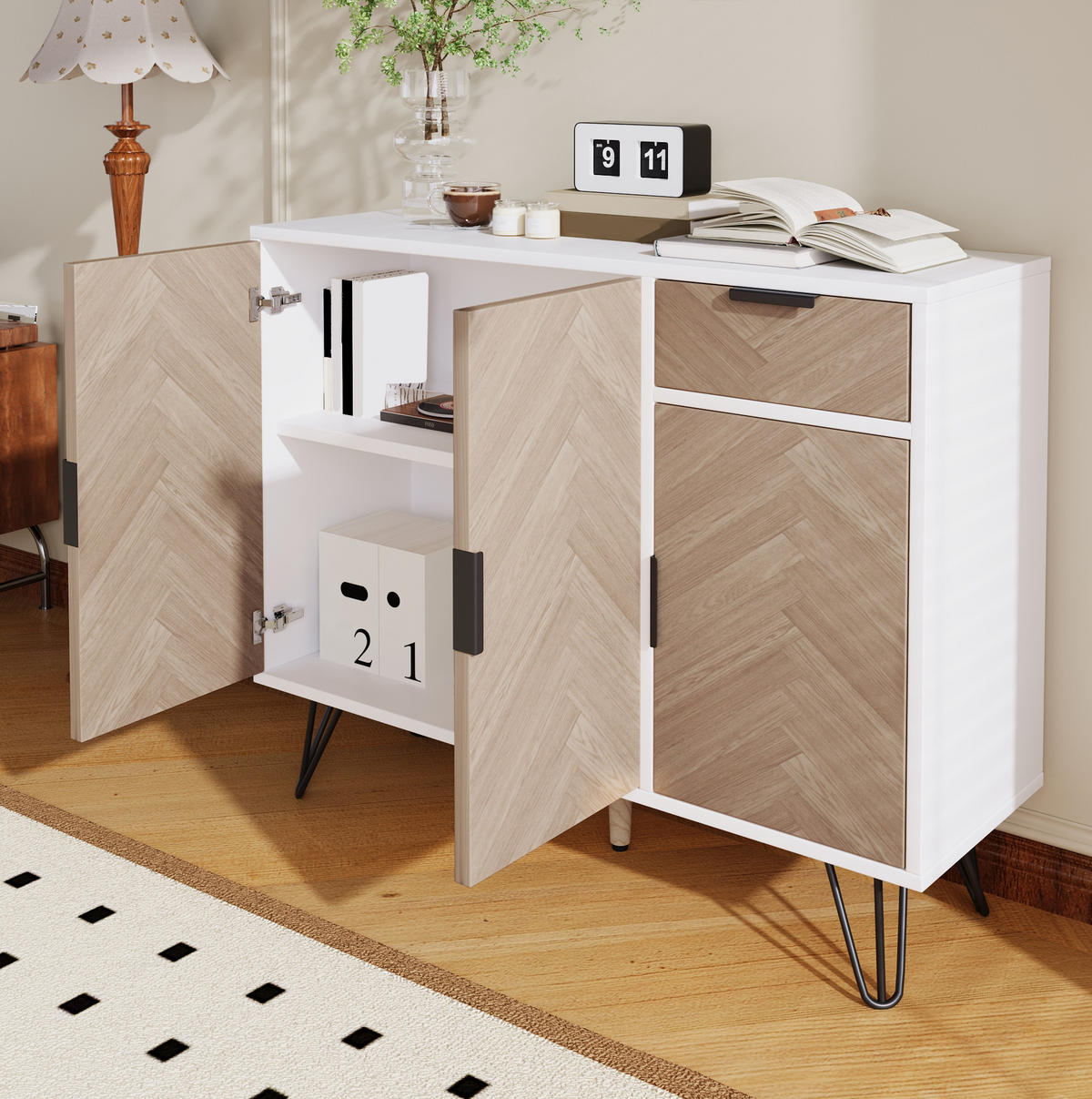 SIDEBOARD aus MDF/Spanplatte in Weiß und Holzoptik, mit Schublade, 90/30/71,5 cm, Weiß und Holzoptik - Naturfarben, Holzwerkstoff (30/71.5/90cm) - Redom