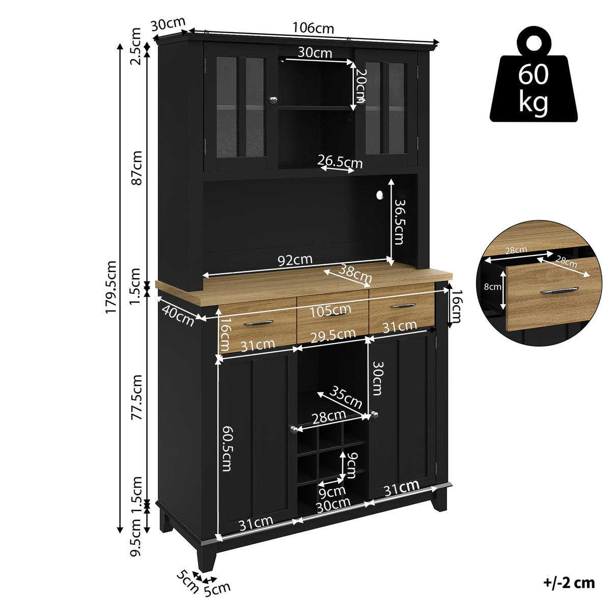 BUFFET 106/40/179,5 cm aus MDF mit LED-Beleuchtung Schwarz - Schwarz, Holzwerkstoff (106/179.5/40cm) - Modenvie
