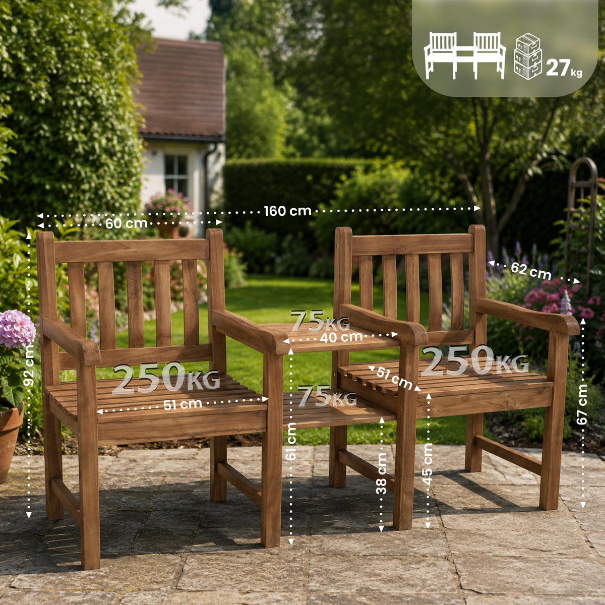 GARTENBANK 160/62 cm Holz Teak - Teakfarben, Holz (160/92/62cm) - CLP