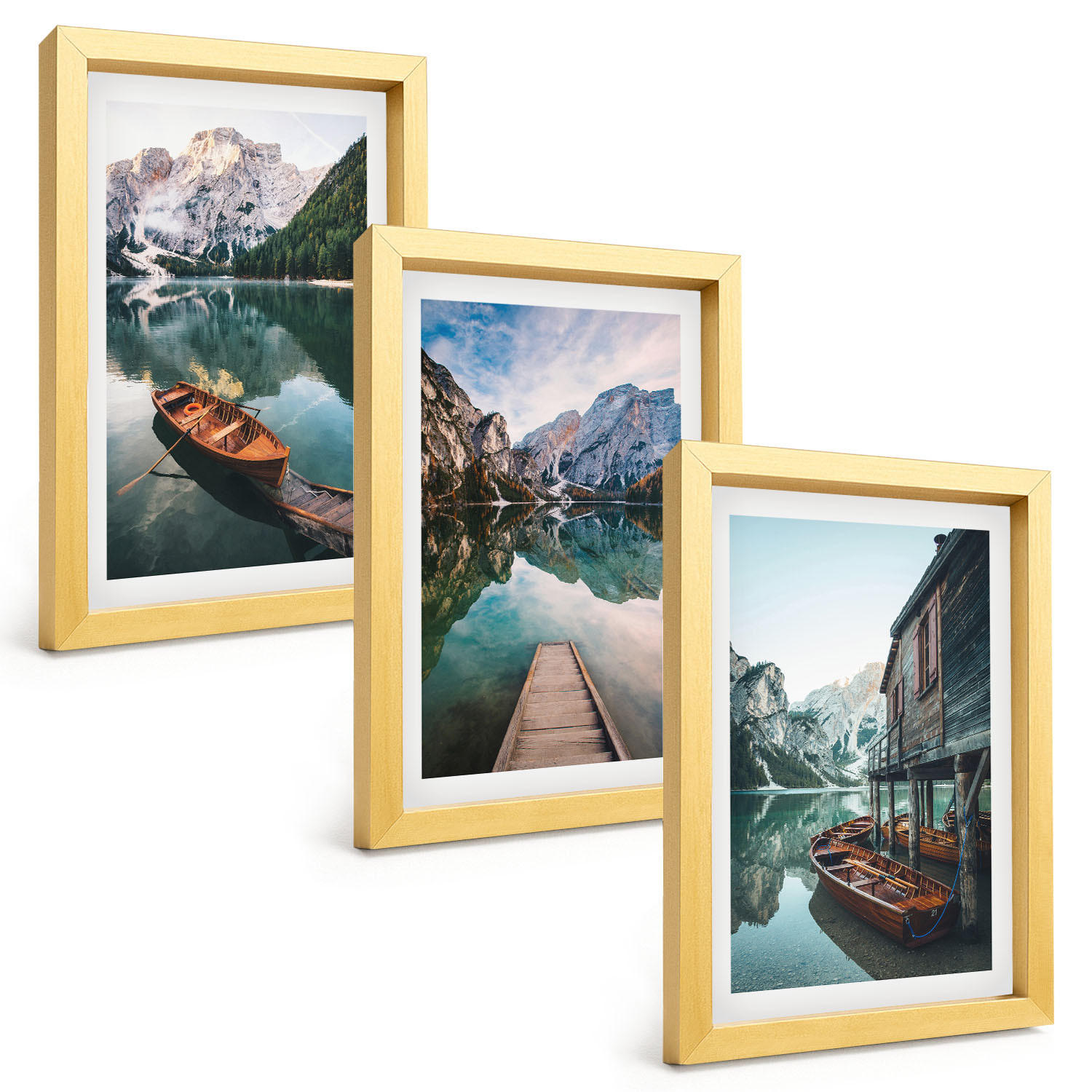BILDER SET 3er Set - 20x30 cm Goldrahmen - See, Berge, Boote, Ferienhaus - Goldfarben, Kunststoff (20/30cm) - TULUP