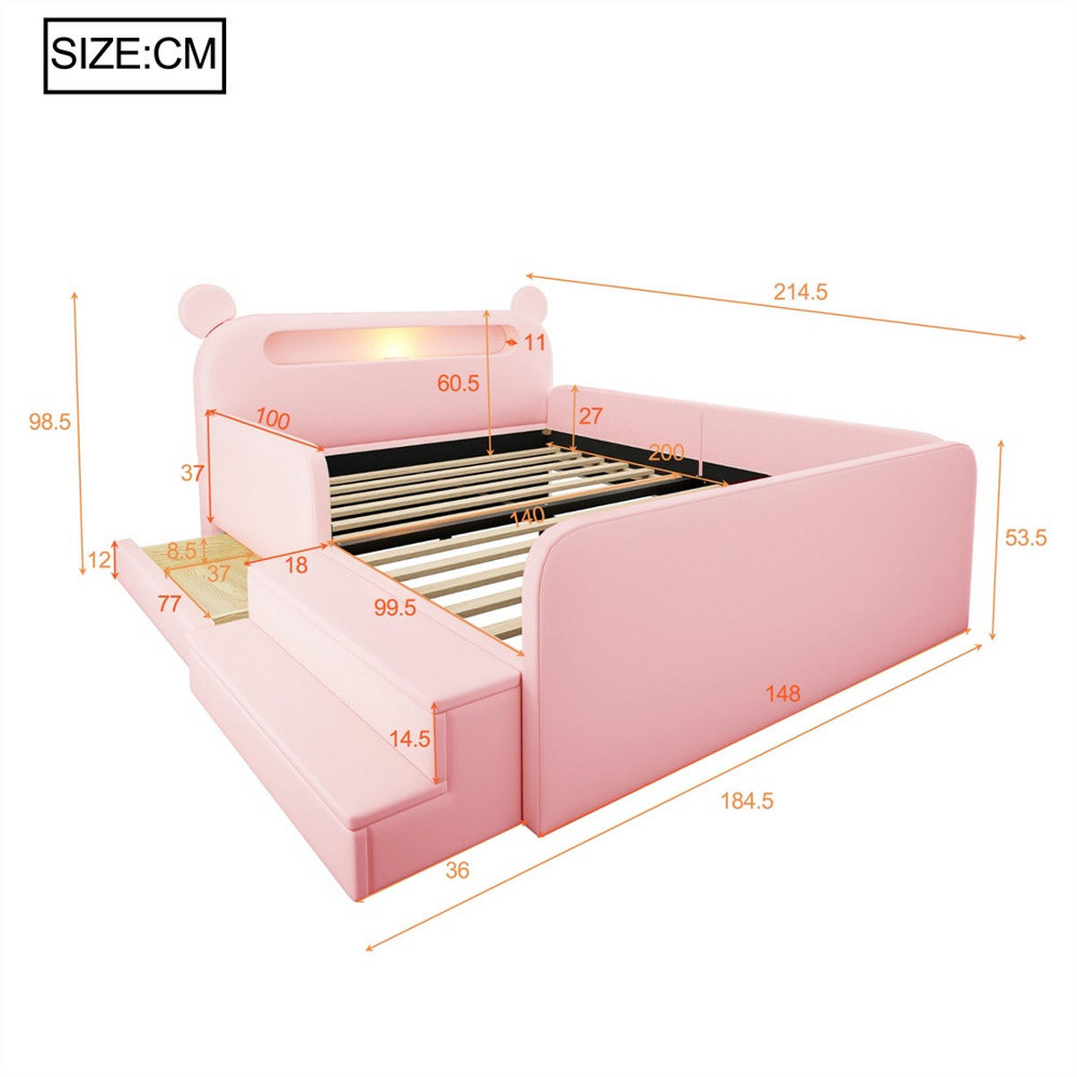 POLSTERBETT 140x200 cm mit Bären-Kopfteil - Nachtlicht & USB - mit Stauraum - Rosa - ohne Matratze - Pink, Textil (140/200cm) - DELFA