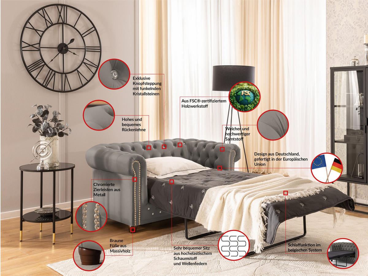 CHESTERFIELD-SOFA 2-Sitzer mit Schlaffunktion Cleo Blink Grau Samt mit Kristallsteppung und braunen Massivholzfüßen - Braun/Grau, Holz/Textil (148/72/86cm) - S-Style Möbel