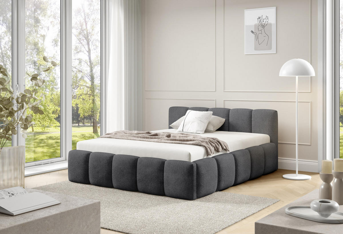 POLSTERBETT QUATTRO, 180x200 cm, Doppelbett mit Bettkasten, Boucle Stoff, Frabe: Dunkelgrau - Dunkelgrau, Holz/Kunststoff (180/200cm)
