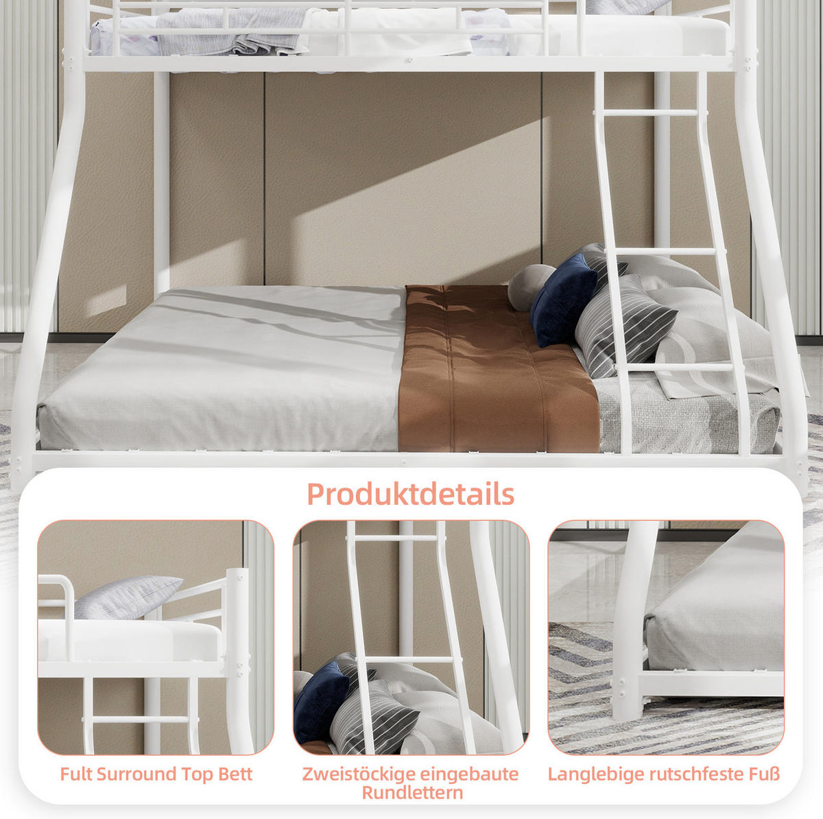 ETAGENBETT Metall 140/200 cm mit Leiter, erhöhtem Geländer und geräuscharmen Latten, Weiß - Weiß, Metall (140/200cm) - Redom