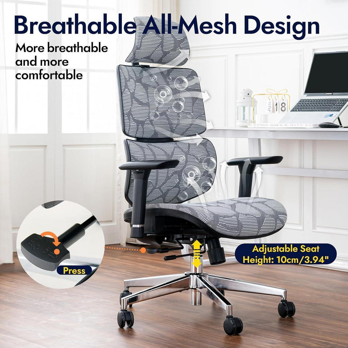 BÜROSTUHL Grau Gestreift mit Lendenwirbelstütze und 3D-Armlehnen - Grau, Textil (68/130/68cm)
