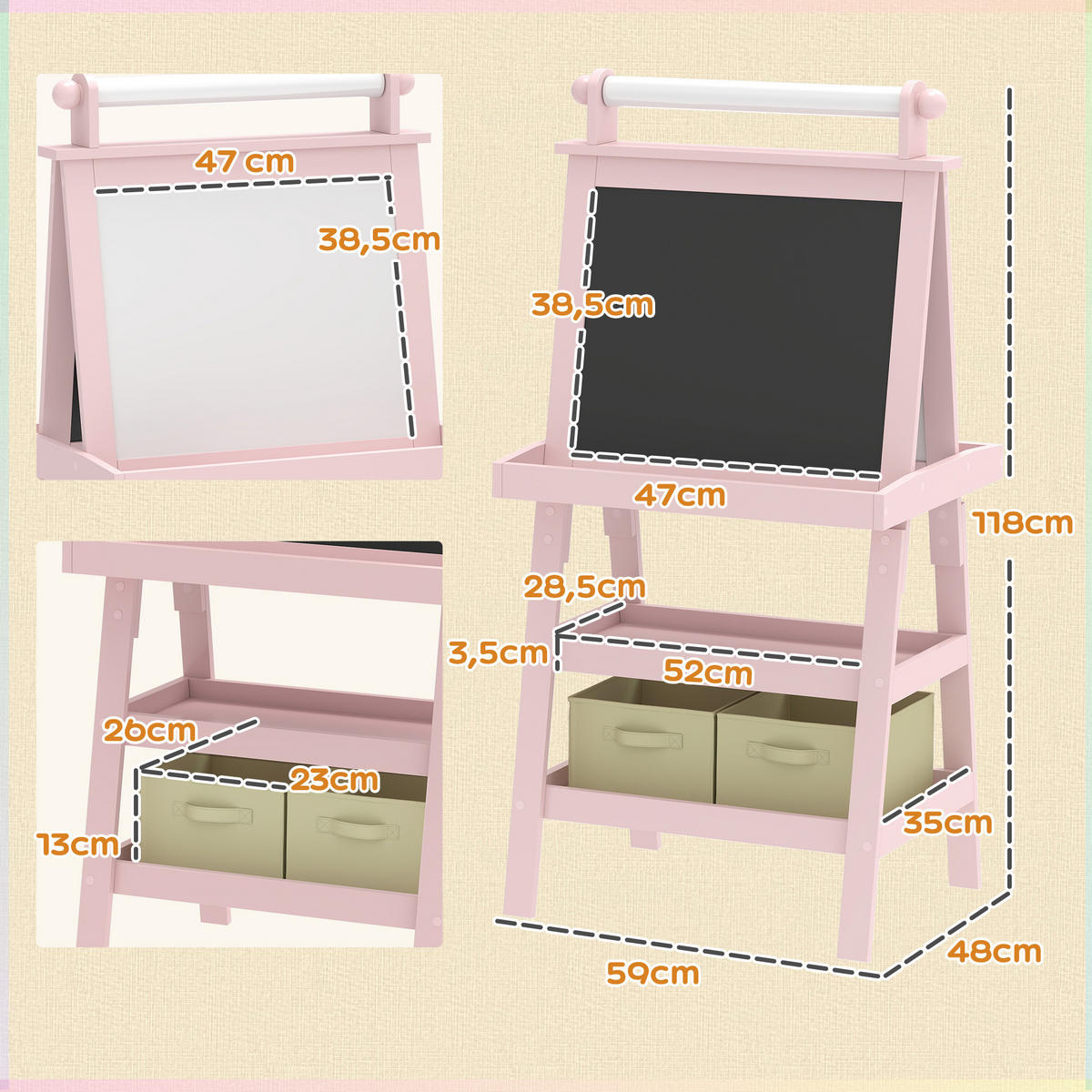 MALTAFEL DE-18198 3-in-1 mit Magnet- & Kreidetafel Rosa - Pink, Holzwerkstoff (48/118/59cm) - ComfortXL