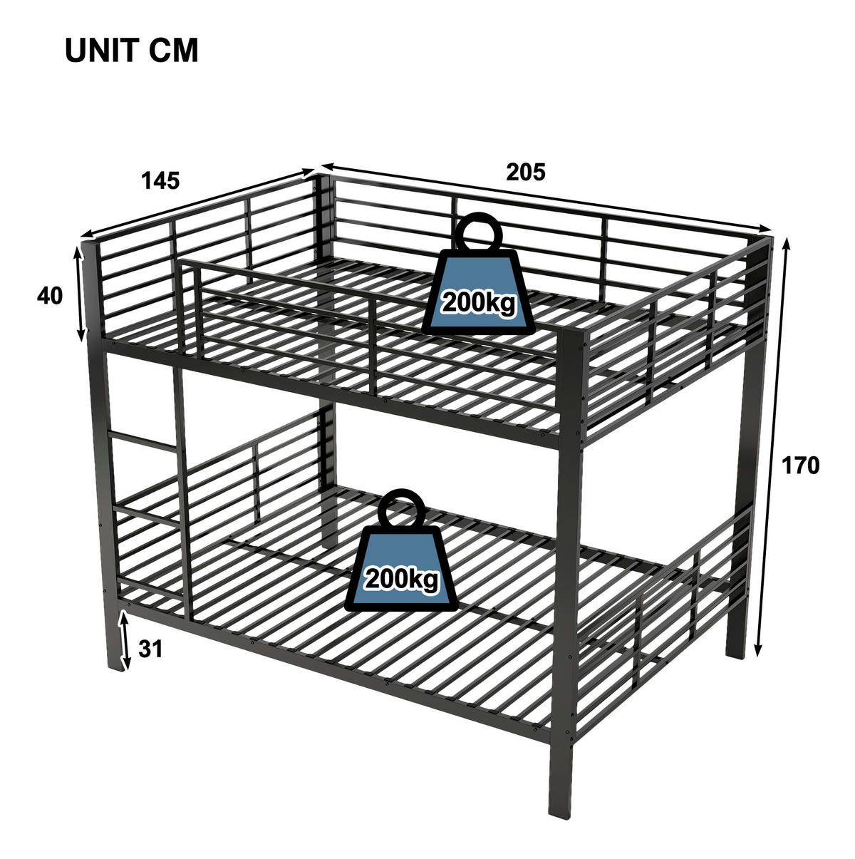 ETAGENBETT 140/200 cm aus Metall mit Sicherheitsgeländer, Schwarz - Schwarz, Metall (140/200cm) - OKMYHOME