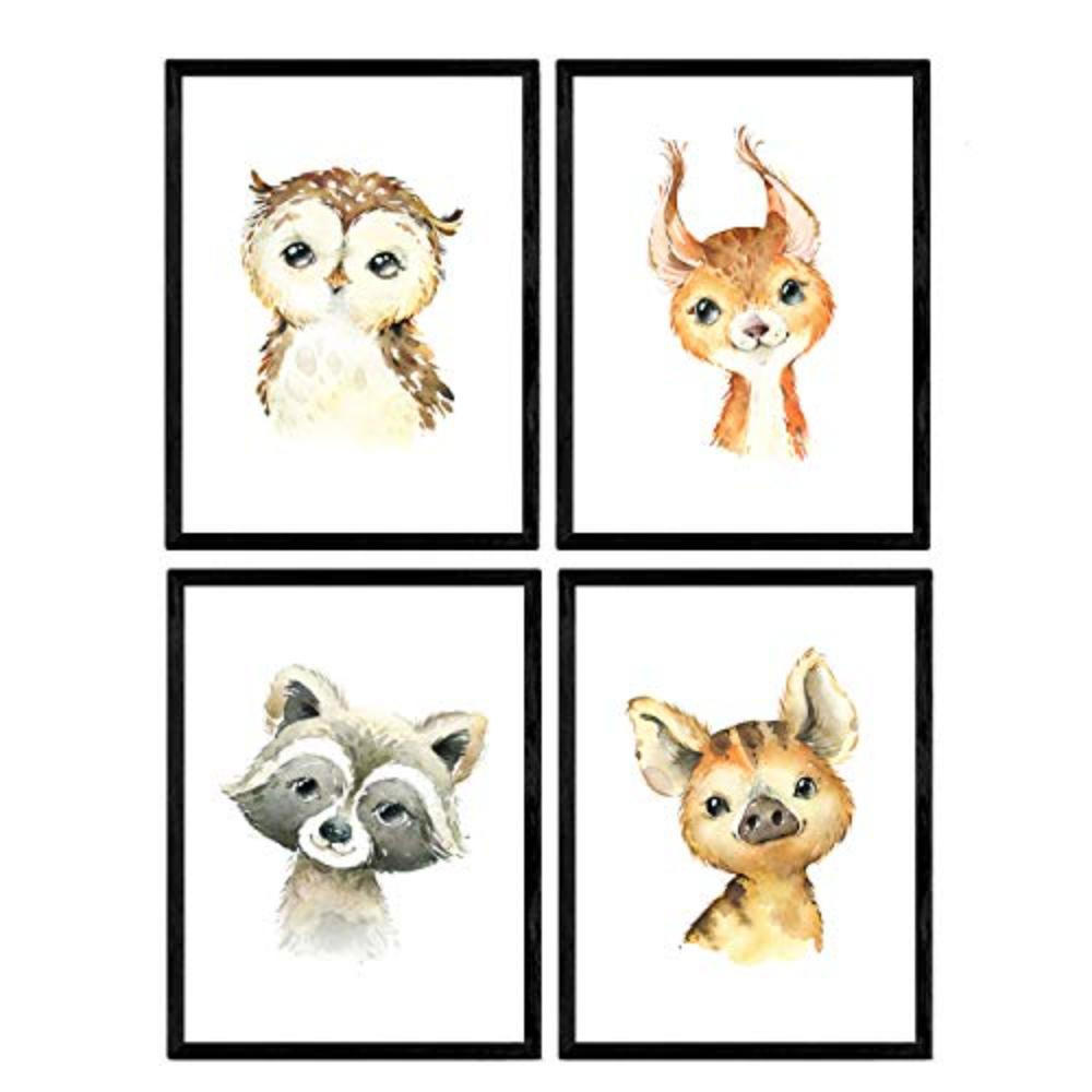 POSTER Set mit 4 Hyena Stinktier Eule und Hirsche A4 Rahmenlos - Klar, Papier (29.7/3cm) - Nacnic
