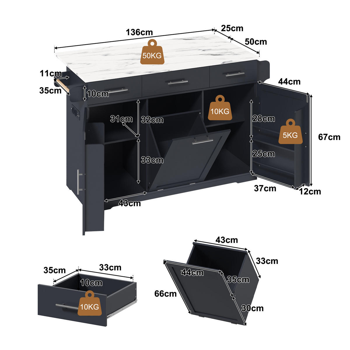 KÜCHENINSEL DE-41372 136/50-75/92 cm, klappbare Arbeitsplatte und Mülleimerschrank Grau - Grau, Holzwerkstoff (136/92/75cm) - ComfortXL