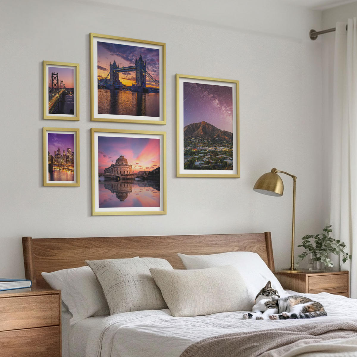 WANDBILDER 5er Set - 50x50 cm & 20x30 cm & 40x60 cm Goldrahmen - Brücken, Sonne, Stadtblick - Goldfarben, Kunststoff (40/60cm) - ArtPrintCave