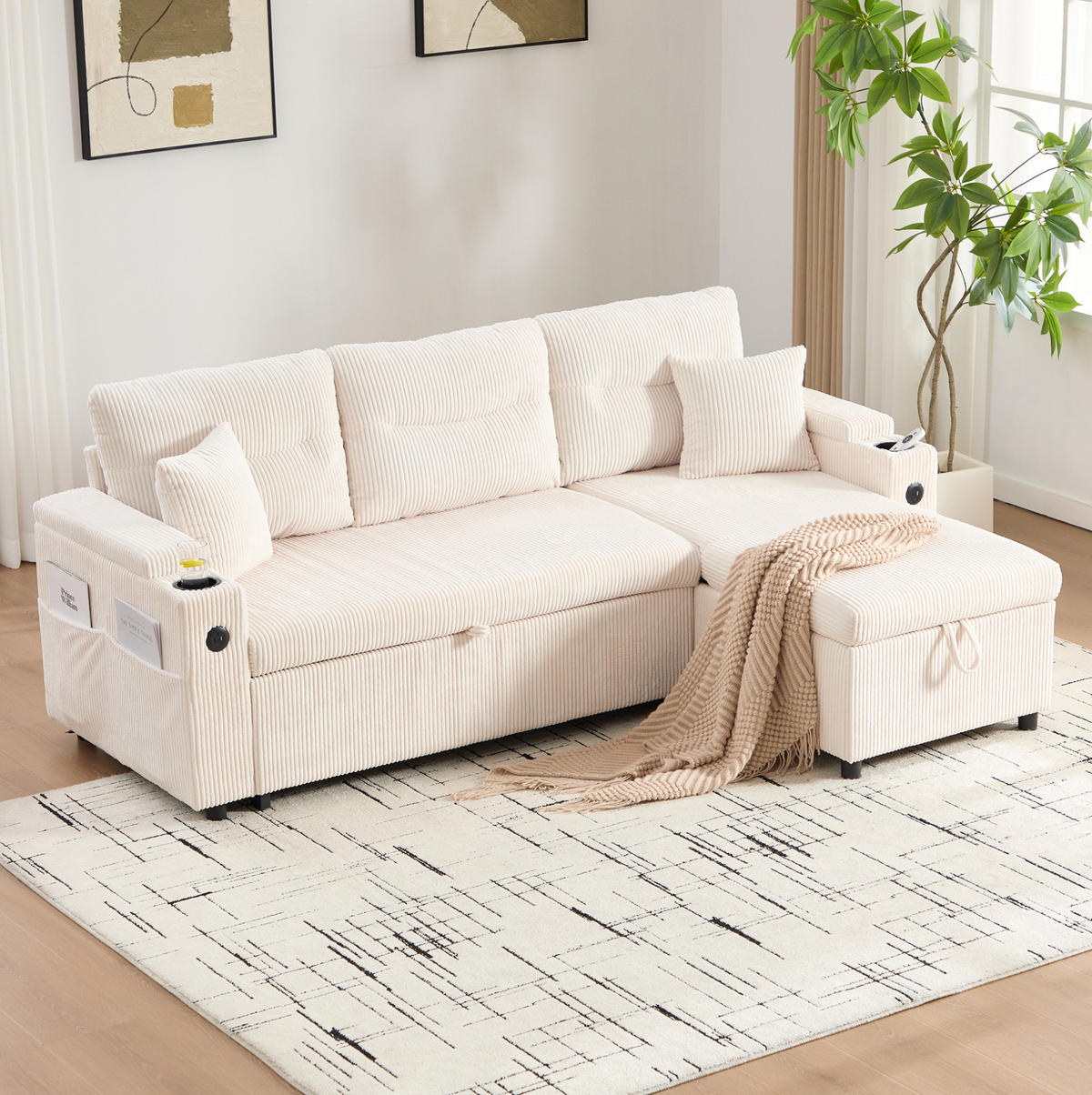 ECKSCHLAFSOFA 3-Sitzer Cord mit Stauraum USB-Anschluss und Becherhalter Beige 212,5/136/86 cm - Beige, Textil (136/212.5cm) - Redom