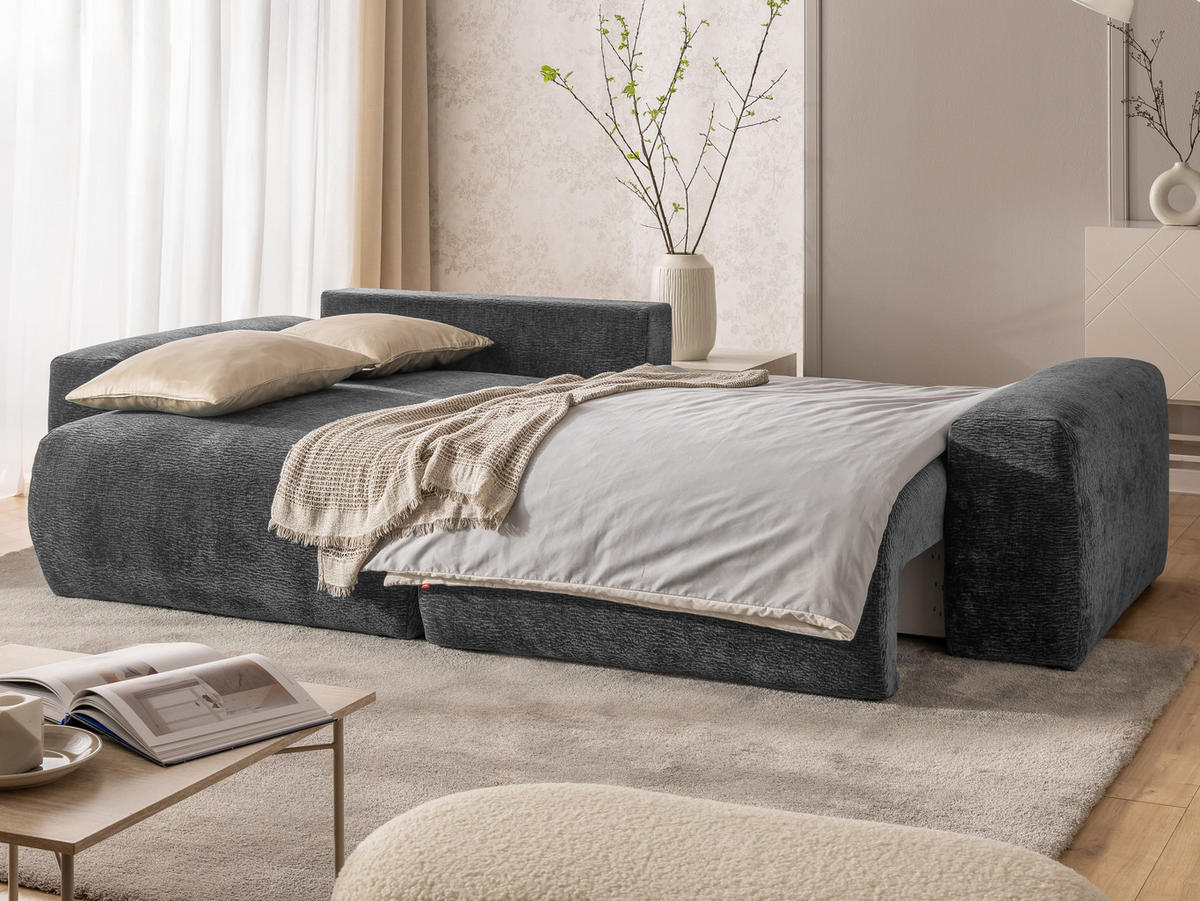 ECKSOFA Puffy mit Schlaffunktion und Bettkasten - besonders weich und puffig aus Dunkelgrau Stoff mit Chenillestruktur - Ottomane links - Dunkelgrau/Schwarz, Holz/Kunststoff (138/266cm) - S-Style Möbel