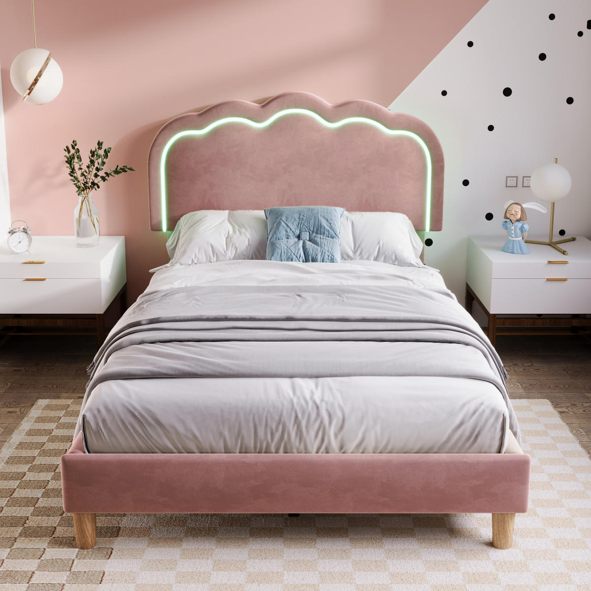 POLSTERBETT 90/200 cm mit LED-Beleuchtung, verstellbarem Kopfteil und Samtbezug, Rosa - Rosa, Textil (90/90cm) - Redom